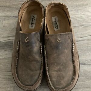 OluKai Moloa Men 10 Brown Leather Casual Shoes Slip On Loafers Slides